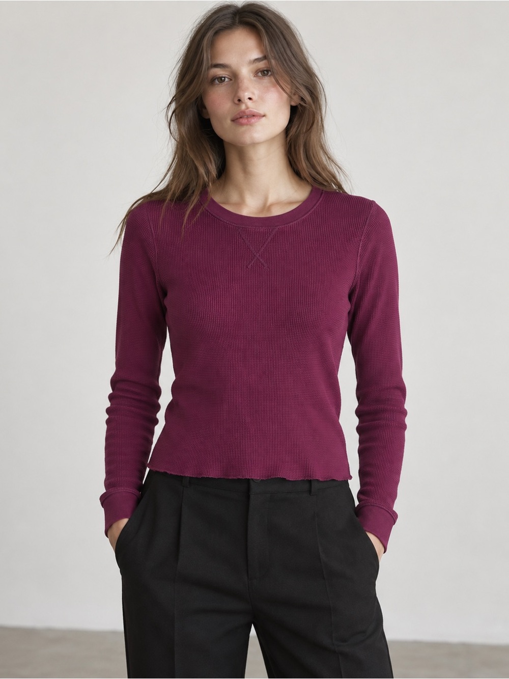 Waffle Knit Thermal Top Everlane M Burgundy Organic Cotton Long Sleeve
